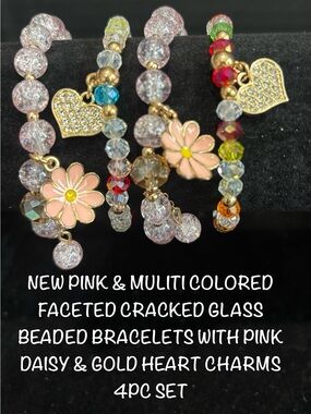 New Pink & Multicolor Beaded Bracelet with Daisy Gold Heart Charms 4pc Set